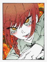  1girl :d black_necktie braid chainsaw_man commentary long_hair looking_at_viewer makima_(chainsaw_man) necktie red_hair smile solo teeth untranslatable_commentary yellow_eyes yuzuhito_(kwazukin) 
