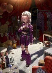  1girl 9lana balloon belt black_belt black_choker black_corset black_shoes book bottle bouquet box braid brown_hair chain chair character_name choker closed_eyes clothes_hanger cocktail cocktail_glass commentary corset crt cup curtains dice doll_joints dress drink drinking_glass drum drumsticks ear_piercing earclip flower gift gift_box glasses hair_between_eyes hand_on_own_chest hand_up hat headphones highres hip_tattoo indie_utaite indoors instrument jacket japanese_clothes joints kimono large_teddy_bear leg_warmers long_sleeves medium_hair mele_ck microphone midriff mole mole_under_eye open_book piercing purple_jacket purple_leg_warmers purple_shorts red_dress rubber_duck shoes shorts single_braid sleeves_past_fingers sleeves_past_wrists solo speaker standing suitcase tattoo thigh_strap unworn_headphones ushanka white_flower white_kimono wine_bottle 