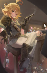  1boy 1girl absurdres ahoge ammunition_belt bandana bandana_around_neck blonde_hair blush boots bullet card casino chair commentary cowboy_boots cowgirl_(western) death dokibird english_commentary from_side full_body grin gun hand_up heterochromia highres holding holding_card holding_gun holding_weapon holster indie_virtual_youtuber jacket leather leather_jacket looking_at_viewer pants playing_card poker poker_chip poker_table poopman revolver shell_casing shirt short_hair signature sitting smile smoke smoking_barrel spurs table virtual_youtuber weapon white_pants 
