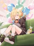  1girl ahoge animal_ears arknights balloon bandaid bandaid_on_knee bandaid_on_leg blonde_hair blue_gloves blush boots bow brown_shorts ceiling closed_eyes closed_mouth commentary_request couch cushion from_below gloves green_bow green_shirt hair_bow hair_ornament hairclip highres holding hood hood_down hooded_jacket indoors jacket knees kroos_(arknights) long_sleeves open_clothes open_jacket ribbed_socks riku_(kanitotora) shirt shorts sitting smile socks thigh_strap 