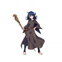 1girl artist_request belt belt_bag black_cape black_thighhighs blue_cape blue_gem blue_hair blue_thighhighs bracelet breasts brown_belt brown_robe cape closed_mouth collarbone full_body game_asset gem goblin_slayer! goblin_slayer:_the_endless_revenge hair_between_eyes hand_on_own_hip highres holding holding_staff hoop_bracelet jewelry looking_at_viewer medium_hair official_art pink_eyes pointy_ears rhea_wizard_(goblin_slayer) robe simple_background small_breasts solo staff standing stirrup_legwear thigh-highs third-party_source tight_clothes toeless_legwear toes transparent_background 