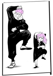 1boy 1girl anya_(spy_x_family) fighting_stance gojou_satoru jujutsu_kaisen medium_hair pink_hair short_hair spy_x_family standing_on_one_leg