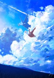  blue_sky claws clouds dragon flying highres latias latios natu_a0z0ra no_humans open_mouth outdoors pokemon pokemon_(creature) pokemon_focus red_eyes sky smile wings yellow_eyes 