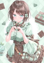  1girl argyle_background belt blush bow bowtie braid breasts brooch brown_belt brown_bow brown_bowtie brown_hair brown_skirt buckle center_frills chocolate closed_mouth colored_eyelashes colored_skin commentary_request commission cowboy_shot eyelashes eyes_visible_through_hair food frilled_shirt_collar frilled_skirt frilled_sleeves frills green_background green_bow green_eyes green_nails green_shirt green_skirt green_streaks green_theme hair_between_eyes hair_bow hands_up heart heart-shaped_buckle heart_brooch heart_hands high-waist_skirt highres ice_cream indie_virtual_youtuber jewelry large_breasts looking_at_viewer medium_hair mint_chocolate mole mole_under_mouth multicolored_hair multicolored_skin nail_polish puffy_short_sleeves puffy_sleeves shirt short_sleeves side_braid signature simple_background single_braid skeb_commission skirt smile solo star-shaped_pupils star_(symbol) streaked_hair symbol-shaped_pupils tomose_meri tsumugi-t two-tone_skin virtual_youtuber 