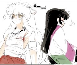  1boy 1girl animal_ears art_program_in_frame bandaged_arm bandaged_chest bandages bead_necklace beads black_hair blunt_bangs bruise bruise_on_face closed_eyes commentary_request dog_ears eyeshadow hair_between_eyes health_bar injury inuyasha inuyasha_(character) japanese_clothes jewelry kimono long_hair low-tied_long_hair makeup necklace pants pink_eyeshadow red_pants sango_(inuyasha) sidelocks sketch slit_pupils squeans squiggle striped_clothes striped_kimono taohuaguiyu tooth_necklace upper_body white_background white_hair yellow_eyes 