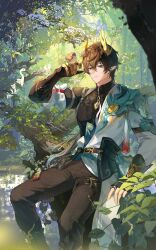  1boy armor bird bird_on_hand black_pants black_shirt brown_hair closed_mouth commentary dan_heng_(honkai:_star_rail) dan_heng_(permansor_terrae)_(honkai:_star_rail) dappled_sunlight dragon_boy dragon_horns earclip expressionless eyeliner feet_out_of_frame forest gauntlets green_eyes hair_between_eyes hand_up highres honkai:_star_rail honkai_(series) horns in_tree long_hair looking_at_viewer low_ponytail lyhae0 makeup male_focus nature outdoors pants pointy_ears ponytail red_eyeliner shirt shoulder_armor single_gauntlet sitting sitting_in_tree solo sunlight tree 