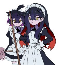  1boy 1girl apron black_dress brother_and_sister carmine_(pokemon) closed_mouth collared_dress commentary_request crossed_bangs dress enmaided eyelashes gloves hair_between_eyes hand_on_own_hip headdress highres holding holding_mop kieran_(pokemon) korean_commentary long_sleeves maid mole mole_on_neck mole_under_eye mop pokemon pokemon_scarlet_and_violet siblings sidelocks simple_background thigh-highs ufo_sw white_apron white_background white_gloves white_thighhighs yellow_eyes 