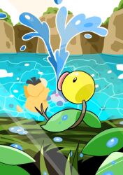  bellsprout bird cocoro_the_c commentary_request duck leaf no_humans outdoors pitcher_plant plant pokemon pokemon_(creature) pokemon_focus poliwag psyduck sitting water water_drop 
