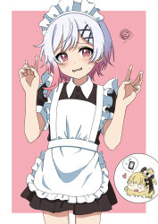  2girls absurdres alternate_costume apron bakenokawa black_dress black_skirt border chibi chibi_inset collared_dress commentary_request contrast_collar cowboy_shot dress frilled_apron frills gradient_hair hair_ornament highres looking_at_viewer mahou_shoujo_no_majo_saiban maid maid_headdress multicolored_hair multiple_girls pink_background pink_eyes pink_hair saeki_miria sakuraba_ema short_hair simple_background skirt solo_focus spoken_object squiggle white_apron white_border white_hair x_hair_ornament 