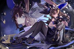  1girl absurdres amiya_(arknights) amiya_(medic)_(arknights) amiya_(medic)_(solo_around_the_world)_(arknights) animal_ears arknights bare_shoulders black_cape black_dress black_hat blue_eyes braid breasts brown_hair cape chinese_commentary commentary_request dress ears_through_headwear hair_between_eyes hat highres instrument jewelry knees_up long_hair looking_at_viewer multiple_rings official_alternate_costume pantyhose playing_instrument playing_violin projected_inset rabbit_ears rabbit_girl ring ring_on_every_finger sitting small_breasts solo violin witch_hat yeshushubuqingba 