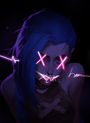  1girl arcane:_league_of_legends arcane_jinx asymmetrical_bangs attacking_mt bare_shoulders black_background blue_hair braid breasts brown_shirt closed_mouth gradient_background highres jinx_(league) league_of_legends long_hair medium_breasts no_tattoo pink_eyes shiny_skin shirt solo 