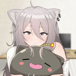  1girl ahoge animal_ears blurry blurry_background blush blush_stickers commentary_request computer_mouse desk fang grey_hair highres hiiragi_satsuki hololive indoors lion_ears lion_girl lit_fuse long_hair long_sidelocks looking_at_viewer messy_hair monitor shirt shishiro_botan sidelocks single_off_shoulder solo ssrb_(shishiro_botan) stuffed_toy t-shirt white_shirt 
