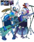  3girls =_= arms_up band black_footwear black_socks blue_gloves blue_hair blue_sailor_collar blue_theme blunt_bangs boots clenched_hand commentary converse drum drum_set drumsticks electric_guitar english_commentary glasses gloves gradient_hair guitar hands_up highres holding holding_drumsticks holding_instrument holding_plectrum instrument leaning_forward long_sleeves looking_up microphone microphone_stand multicolored_hair multiple_girls neckerchief original pale_skin personification pink_neckerchief platform_footwear plectrum purple_lips ramon_nunez red_neckerchief redhead reference_inset sailor_collar school_uniform screaming shirt shoes short_sleeves simple_background slouching sneakers socks standing white_background white_shirt yellow_eyes 
