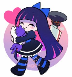  1boy 1girl afro blunt_bangs blush bow closed_eyes closed_mouth colored_inner_hair commentary_request dark-skinned_male dark_skin garterbelt_(psg) gothic_lolita hair_bow hatake_(hatanosuke) heart highres honekoneko_(psg) huge_afro lolita_fashion multicolored_hair official_style panty_&amp;_stocking_with_garterbelt pink_hair signature smile stocking_(psg) striped_clothes striped_leggings striped_thighhighs stuffed_animal stuffed_cat stuffed_toy thigh-highs two-tone_hair white_background 