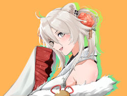  1girl ahoge animal_ears blush coat commentary_request flower from_side fur-trimmed_coat fur_trim gradient_outline green_outline grey_eyes grey_hair hair_bun hair_flower hair_ornament hand_up highres hololive japanese_clothes kimono lion_ears lion_girl looking_at_viewer official_alternate_costume open_mouth orange_background outline shishiro_botan shishiro_botan_(new_year) sleeveless sleeveless_kimono solo upper_body usukimibilly88 virtual_youtuber 