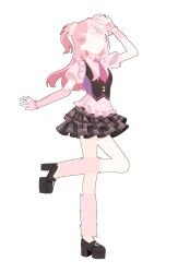  1girl absurdres arm_warmers bead_bracelet beads black_shoes black_skirt black_vest bracelet buckle buttons chinese_commentary collared_shirt commentary_request decora faceless faceless_female frilled_shirt frilled_skirt frilled_vest frills full_body fur_leg_warmers gyaru hair_ornament hair_scrunchie hairclip hand_on_own_head heart heart-shaped_buckle heart_hair_ornament high_heels highres infinity_nikki jewelry leg_up leg_warmers loafers long_hair miniskirt multicolored_hair necktie nikki_(series) parallel_hairclips pink_arm_warmers pink_hair pink_leg_warmers pink_necktie pink_scrunchie pink_shirt plaid_clothes plaid_skirt platform_shoes puffy_short_sleeves puffy_sleeves rosie_sweetheart_(infinity_nikki) scrunchie shanfengzhu shirt shoes short_sleeves simple_background skirt solo split-color_hair standing star_(symbol) star_hair_ornament tie_clip two_side_up vest white_background y2k_fashion 