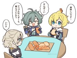  3boys :d :t ^_^ ahoge albedo_(genshin_impact) aqua_eyes aqua_hair aqua_vest armor artist_name baguette black_gloves blonde_hair blue_cape blue_coat blue_eyes blue_gloves blue_jacket blue_shirt blush braid bread cape chair closed_eyes closed_mouth coat collared_shirt commentary_request crossed_bangs earrings eating food genshin_impact gloves gold_trim hair_between_eyes hair_intakes half_up_half_down_braid hand_up hands_up holding holding_food hood hood_down hooded_coat hoodie index_finger_raised jacket jewelry lapels lohen_(genshin_impact) long_sleeves looking_at_another male_focus medium_hair mika_(genshin_impact) mole mole_under_eye multicolored_gloves multiple_boys necktie on_chair open_clothes open_jacket open_mouth panri pauldrons ring round_table shirt short_hair short_sleeves shoulder_armor simple_background single_earring single_pauldron sitting smile speech_bubble table tablecloth translation_request twitter_username two-tone_gloves vest white_background white_coat white_hoodie white_shirt wooden_chair wooden_table yellow_necktie 