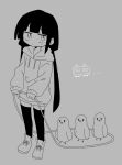 1girl absurdres bird blunt_bangs closed_mouth commentary_request doodle_inset drawstring expressionless full_body greyscale highres holding holding_rope hood hood_down hoodie jitome lag_train_(vocaloid) light_blush long_hair long_sleeves looking_at_viewer low_twintails meme monochrome osage_(inabakumori) playing richard_(richaball) rope sanpaku shoes simple_background solo standing thigh-highs train twintails vocaloid