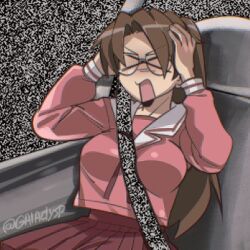 >_< 1girl azumanga_daioh breasts car car_interior car_seat commentary d: death_grips dx english_commentary galadysp guillotine_(death_grips) hands_on_own_head medium_breasts mizuhara_koyomi motor_vehicle pink_shirt pink_skirt pleated_skirt sailor_collar seatbelt shirt skirt solo static static_background twitter_username v-shaped_eyebrows white_sailor_collar 