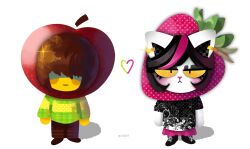  1girl 1other 7ir1s animal_nose apple black_hair blush brown_hair catti_(deltarune) colored_sclera colored_skin deltarune earrings food fruit furry furry_female green_sweater heart highres jewelry kris_(deltarune) multicolored_hair other_with_female pink_hair pink_streaks single_hair_streak single_horizontal_stripe strawberry streaked_hair sweater utdr_(toby_fox) white_background yellow_sclera yellow_skin 