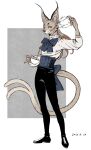 1boy animal_ears back_bow black_footwear black_pants blue_bow blue_bowtie blue_eyes body_fur bow bowtie brown_fur brown_hair cat_boy cat_ears cat_tail commentary corset cup dated drink from_side full_body furry furry_male grey_background highres holding holding_cup holding_teapot karana_cat male_focus original pants pinky_out pouring shirt shoes simple_background slit_pupils smile solo split_tail standing striped striped_bow striped_bowtie tail tea teacup teapot two-tone_background whiskers white_background white_shirt 