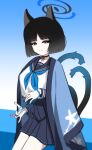  1girl absurdres animal_ears black_eyes black_hair blue_archive blue_halo cat_ears cat_tail closed_mouth commentary english_commentary halo highres kikyou_(blue_archive) looking_at_viewer multiple_tails short_hair solo tail tost_(cloi123) two_tails 