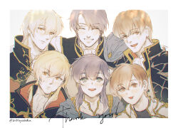  6+boys :p ares_(fire_emblem) ascot averting_eyes black_coat blonde_hair blue_hair blue_tunic border brown_eyes brown_hair closed_eyes closed_mouth coat commentary_request eldigan_(fire_emblem) father_and_child father_and_son fire_emblem fire_emblem:_genealogy_of_the_holy_war grin group_picture happy high_collar leif_(fire_emblem) light_blush long_hair looking_at_viewer lucia_(biblyoteka) male_focus multiple_boys open_mouth orange_eyes pale_colors parent_and_child quan_(fire_emblem) seliph_(fire_emblem) short_hair sigurd_(fire_emblem) smile teeth thank_you tongue tongue_out tunic twitter_username upper_body upper_teeth_only white_ascot white_border 