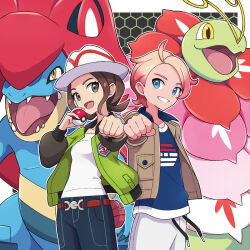  1boy 1girl alligator antennae bell-bottoms belt blue_claws blue_shirt blue_skin border brown_jacket clenched_hand colored_skin crocodilian feraligatr flower green_jacket green_skin grid_background harmony_(pokemon) hat highres holding holding_poke_ball jacket mega_feraligatr mega_meganium mega_pokemon mega_ring mega_stone meganium neck_flower open_clothes open_jacket pants poke_ball poke_ball_(basic) pokemon pokemon_(creature) pokemon_focus print_shirt sauropod shirt side-by-side spines striped_hat trilby urbain_(pokemon) white_border white_hat yuu_(jgvj7873) 
