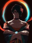  1boy black_background black_hair closed_mouth collarbone crossed_arms earrings hair_over_one_eye highres hwei_(league_of_legends) jewelry league_of_legends long_hair male_focus paint_splatter ponytail serious simple_background solo suanzi swept_bangs upper_body violet_eyes wide_sleeves 