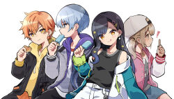  ! 2boys 2girls aoyagi_touya azusawa_kohane bare_shoulders black_hair black_jacket black_tank_top blonde_hair blue_eyes blue_hair blue_skirt breasts buttons closed_mouth commentary_request cookie cowboy_shot double-parted_bangs double_horizontal_stripe drawstring food green_jacket grey_jacket hair_between_eyes holding holding_cookie holding_food holding_popsicle hood hood_down hoodie jacket kei_s01 long_hair long_sleeves looking_at_viewer miniskirt multicolored_jacket multiple_boys multiple_girls off_shoulder open_clothes open_jacket orange_hair parted_bangs pink_jacket popsicle project_sekai purple_hoodie shinonome_akito shiraishi_an shirt short_hair sidelocks simple_background sitting skirt small_breasts smile swept_bangs tank_top twintails two-tone_jacket vivid_bad_squad_(project_sekai) white_background white_jacket white_shirt yellow_eyes yellow_hoodie 