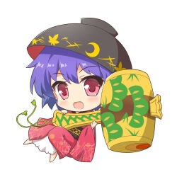  1girl :d barefoot blush bowl bowl_hat chibi full_body hat holding holding_mallet japanese_clothes kimono long_sleeves mallet obi pink_eyes purple_hair red_kimono sash shino_megumi simple_background smile solo sukuna_shinmyoumaru touhou white_background wide_sleeves 