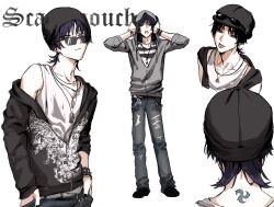  1boy alternate_costume arms_at_sides beanie belt belt_buckle birthmark bishounen black_belt black_hair black_hat black_nails black_pants black_shoes black_sleeves blunt_ends bright_pupils buckle casual chain character_name closed_mouth clothes_variants contemporary cross cross_necklace denim dog_tags eyewear_on_headwear feather_necklace feathers fingernails genshin_impact grey_belt grey_hood grey_jacket grey_sleeves hands_in_pockets hands_up hat headphones highres hood hood_up hooded_jacket jacket jeans jewelry jlypih long_sleeves looking_at_viewer male_focus mitsudomoe_(shape) multiple_views necklace open_clothes open_jacket pants partially_unzipped pendant piercing purple_hair scaramouche_(genshin_impact) shirt shoes single_bare_shoulder single_off_shoulder sleeveless sleeveless_jacket solo striped_clothes striped_shirt sunglasses tank_top three-quarter_sleeves tomoe_(symbol) tongue_piercing torn_clothes torn_jeans torn_pants tsurime undershirt violet_eyes white_pupils white_shirt white_tank_top wispy_bangs wolf_cut wristband yellow_feathers zipper zipper_pull_tab 