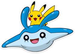  :3 :d animal_focus artist_request dot_nose looking_at_viewer mantyke no_humans o_o official_art open_mouth outline pikachu pokemon pokemon_(creature) pokemon_focus riding riding_pokemon second-party_source simple_background smile transparent_background waving white_outline 