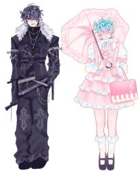  2boys alien_stage alternate_costume aqua_eyes aqua_hair bag black_eyes black_hair black_jacket black_lips black_pants black_shoes closed_mouth cross cross_print crossdressing crossdressing_(mtf) dress fang fang_out fur_trim hair_over_one_eye hand_in_pocket highres holding holding_bag holding_umbrella ivan_(alien_stage) jacket long_sleeves male_focus multiple_boys one_eye_covered pants parasol piano_print pink_dress red_pupils shoes short_hair socks till_(alien_stage) umbrella white_background white_socks yurika_pudding 
