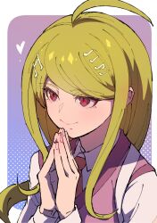  1girl ahoge akamatsu_kaede backpack bag blonde_hair brown_necktie danganronpa_(series) danganronpa_v3:_killing_harmony hair_ornament hands_up heart highres long_hair musical_note musical_note_hair_ornament necktie own_hands_together pink_background pink_sweater_vest shirt smile sweater_vest upper_body white_background white_shirt youko-shima 