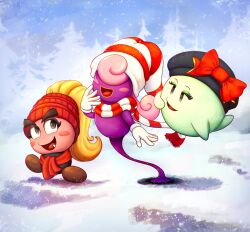  3girls alt_text black_hat blonde_hair bow_(paper_mario) colored_skin commentary english_commentary fang full_body ghost goombella hat highres long_hair multiple_girls no_humans open_mouth outdoors paper_mario:_the_thousand-year_door paper_mario_(series) paper_mario_64 pink_hair ponytail purple_skin red_hat red_scarf scarf snow starshipxnaut super_mario_bros. two-tone_hat two-tone_scarf vivian_(paper_mario) winter_clothes 