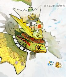  absurdres aircraft airship artist_name bird claws clouds cloudy_sky colored_skin commentary_request dragon dragon_wings dragonite flying highres horns kecleon no_humans orange_skin pelipper pokemon pokemon_(creature) pokemon_focus sail sailing sailing_ship ship signature single_horn sky sukepmonster tail watercraft wings 