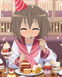 1girl birthday blush booth_seating brown_hair cake commentary_request confetti cupcake dessert eating food food_on_face food_request fork fruit hat highres holding holding_fork kusakabe_misao long_sleeves lucky_star meatball03 medium_hair neckerchief nose_blush party_hat red_neckerchief red_sailor_collar red_skirt ryouou_school_uniform sailor_collar school_uniform serafuku shirt skirt solo strawberry white_shirt winter_uniform 