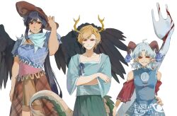  3girls bare_shoulders black_hair black_wings blonde_hair blue_shirt blue_skirt blue_vest bosimaocir brown_skirt closed_mouth collarbone commentary_request cowboy_hat crossed_arms dragon_horns dragon_tail earrings eastern_dragon_horns eastern_dragon_tail green_skirt grey_hair grin hand_on_own_hat hand_on_own_hip hat highres holding holding_spork horn_ornament horn_ribbon horns jewelry kicchou_yachie kurokoma_saki long_hair looking_at_viewer medium_hair multiple_girls neckerchief oversized_spoon parted_lips pointy_ears ponytail red_eyes ribbon sharp_teeth sheep_horns shirt short_hair short_sleeves skirt smile spork tail teeth touhou toutetsu_yuuma vest white_background wings 