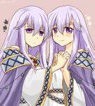  2girls cape circlet corruption dark_persona dress dual_persona empty_eyes fire_emblem fire_emblem:_genealogy_of_the_holy_war holding_hands jewelry julia_(fire_emblem) long_hair long_sleeves mind_control multiple_girls purple_cape purple_hair sash smile violet_eyes yukia_(firstaid0) 