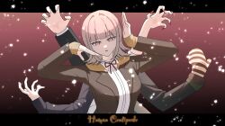  1girl breasts brown_hair brown_jacket danganronpa:_trigger_happy_havoc danganronpa_(series) danganronpa_2:_goodbye_despair danganronpa_3_(anime) danganronpa_another_episode:_ultra_despair_girls enoshima_junko flipped_hair gradient_background highres hinata_hajime hope's_peak_academy_school_uniform jacket komaeda_nagito large_breasts long_sleeves medium_hair nanami_chiaki neck_ribbon no_hair_ornament open_clothes open_jacket pink_eyes red_background red_ribbon ribbon school_uniform servant_(danganronpa) shirt solo_focus white_shirt yobiglskxk 