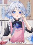  1girl adapted_costume apron ascot bandaid bandaid_on_hand black_shirt blue_ascot blue_eyes blue_gemstone blue_hair blush bowl colored_inner_hair cowlick drop-shaped_pupils flying_sweatdrops frilled_apron frills furina_(genshin_impact) gem genshin_impact grey_hair hair_ornament hairclip hand_up heterochromia highres holding holding_knife kitchen kitchen_knife knife light_blue_hair mademoiselle_crabaletta mismatched_pupils multicolored_hair onion open_mouth pe_eee00 pink_apron shirt short_hair sleeves_rolled_up solo speech_bubble tearing_up translation_request upper_body wavy_hair 