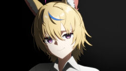  1girl ahoge animal_ears black_hair blue_hair club_(shape) collared_shirt commentary_request earrings fox_ears heart heart-shaped_pupils highres hololive jewelry multicolored_hair omaru_polka pink_hair portrait shirt short_hair smile solo spade_(shape) streaked_hair symbol-shaped_pupils violet_eyes virtual_youtuber white_shirt yoshino_(laencl) 
