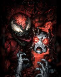  2boys black_nails black_teeth border carnage_(marvel) character_request colored_skin colored_teeth comic_cover commentary cover cover_page english_commentary eyelid_pull fingernails grabbing_another's_chin grabbing_another's_head hand_on_another's_chin highres horror_(theme) kunkka long_tongue looking_at_viewer male_focus marvel monster_boy multiple_boys muscular muscular_male official_art open_mouth red_background red_eyes red_skin scared sharp_fingernails sharp_teeth slime_boy spider-man_(series) spotted_skin symbiote teeth textless_version tongue twitter_username upper_body very_long_tongue western_comics_(style) white_skin wide-eyed 