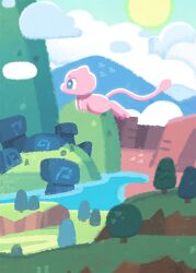  amelicart animal_focus blue_eyes blue_sky bright_pupils clouds day floating from_side full_body hill mew_(pokemon) no_humans official_art outdoors pokemon pokemon_(creature) pokemon_focus pokemon_tcg pokemon_tcg_pocket sky solo sun third-party_source tree water white_pupils 