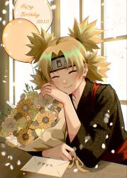  1girl balloon black_kimono blonde_hair bouquet closed_eyes closed_mouth commentary_request dated envelope facing_viewer forehead_protector happy_birthday highres holding holding_bouquet japanese_clothes kimono long_sleeves naruto_(series) naruto_shippuuden oishiiudon1240 petals quad_tails smile solo sunagakure_symbol temari_(naruto) upper_body 