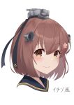  1girl black_ribbon black_sailor_collar brown_eyes brown_hair character_name headgear highres kantai_collection kujou_ichiso_(style) parody ribbon sailor_collar short_hair simple_background smile solo speaking_tube_headset style_parody upper_body white_background yuki_4040 yukikaze_(kancolle) 