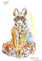  1boy antenna_hair arm_support arms_between_legs blonde_hair bow braid braided_ponytail brown_shorts character_name collarbone commentary_request dated drawstring full_body hair_between_eyes hair_bow hair_over_shoulder haiyore!_nyaruko-san hastur_(nyaruko-san) hood hood_down hoodie indian_style invisible_floor long_hair long_sleeves low-tied_long_hair low_ponytail male_focus open_mouth ponytail shoes shorts sidelocks sitting sleeves_past_wrists smile socks soles_together solo straight-on trap user_cudv2875 v_arms white_background white_socks yellow_hoodie yellow_shoes zipper zipper_pull_tab 