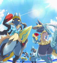  absurdres beach blue_eyes blue_sky chest_spike clothed_pokemon cocktail_glass commentary_request cup drinking_glass evolutionary_line hat highres holding holding_surfboard hood hoodie lens_flare lucario mega_lucario mega_lucario_z mega_pokemon niku1441 open_clothes open_hoodie open_mouth pokemon pokemon_(creature) pokemon_focus riolu sky sunlight surfboard swim_ring tail yellow_eyes 