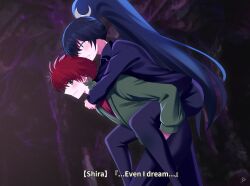  1boy 1girl black_hair black_pants blue_eyes blue_hair blush carrying cave character_request commentary commission copyright_request earrings english_commentary english_text green_eyes green_jacket highres jacket jewelry long_hair long_sleeves pants piggyback ponytail red_hair red_shirt reiei_8 shirt short_hair smile subtitled very_long_hair 